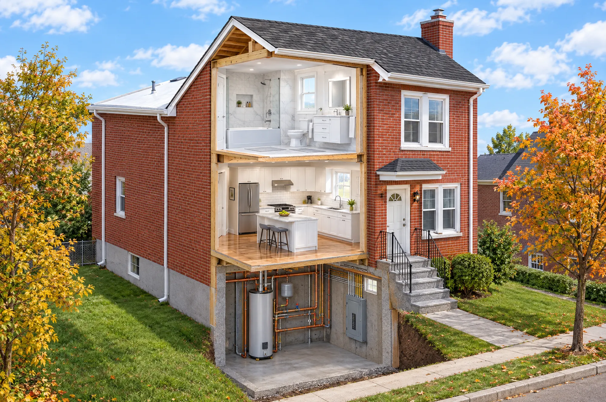 Ilustración de una casa de ladrillo del Bronx con techo, canaletas, baño, cocina, plomería y panel eléctrico